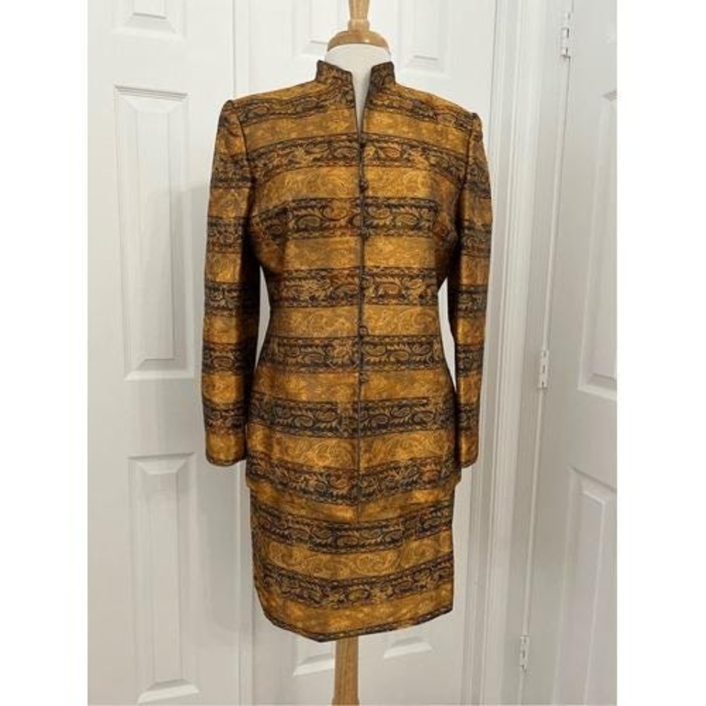 Vtg Mary McFadden Collection Gold Brown Brocade Tapestry Lined Skirt Suit Set 8